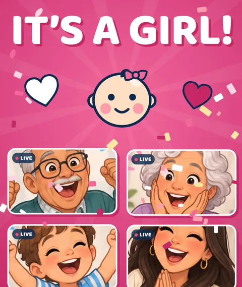 The reveal screen: It's a girl!, with family reacting live