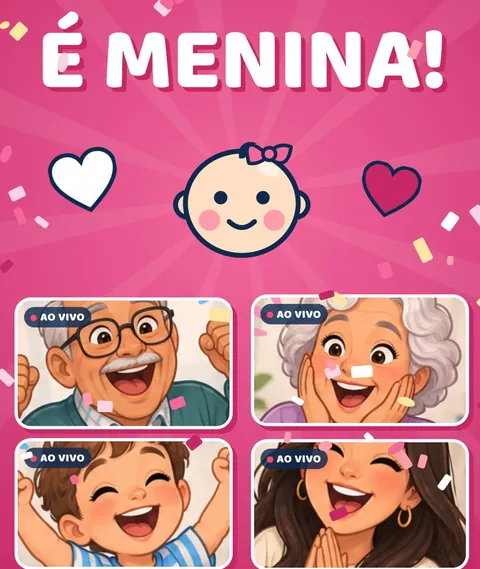 A tela da revelação: É menina!, com a família reagindo ao vivo